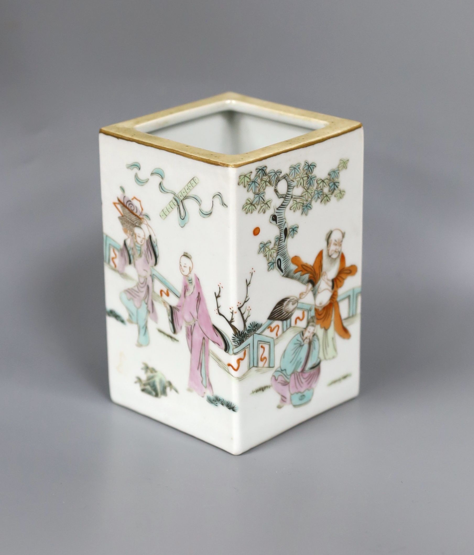 An oblong Chinese famille rose brush pot, 12cm